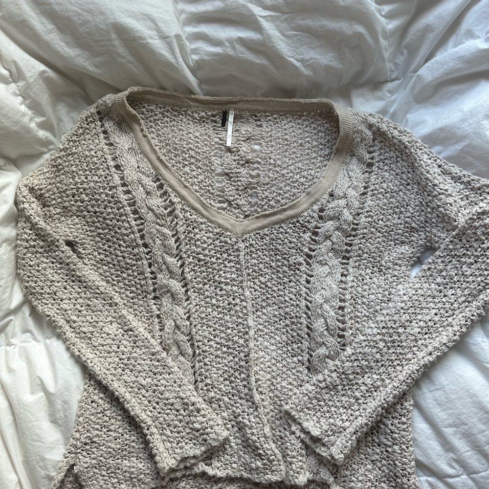 Free People Cream V-Neck Cable Knit Sweater